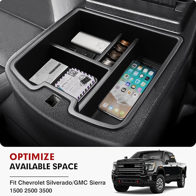 Autorder Center Console Organizer for 2007-2013 Chevrolet Silverado/GMC Sierra 1500 2500 3500 Accessories Armrest Storage Box Secondary Insert Tray with 2 Color Mats
