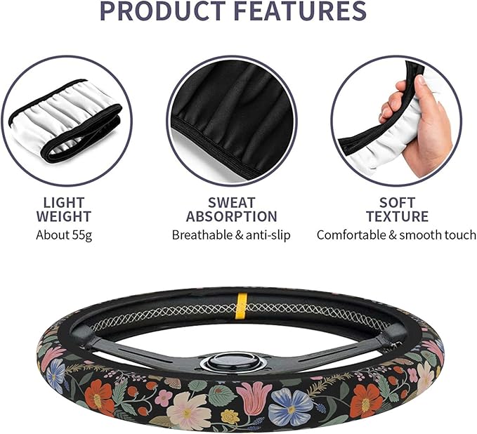 Car Steering Wheel Cover for Women Men, Non-Slip Garden Strawberry Steering Wheel Protector, Universal 14"-15" Fit for Cars, SUVs, Trucks (Garden Strawberry)