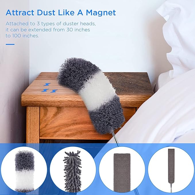 UIMO Microfiber Feather Duster Kit with Extension Pole (30–100") – Bendable Washable Heads, Extendable Dusters for Cleaning Ceiling Fan, High Ceiling, Blinds, Furniture & Cars (5 Pcs)