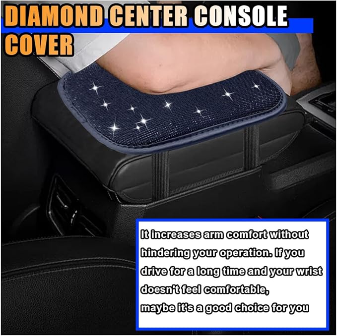 11.9''×8.4'' Bling Car Center Console Cover, Crystal Diamond Elbow Pillow Car Armrest Seat Box Cover, Soft Arm Rest Protective Cushion Pad for Women Girls, Auto Interior Decor for Car SUV (Black)