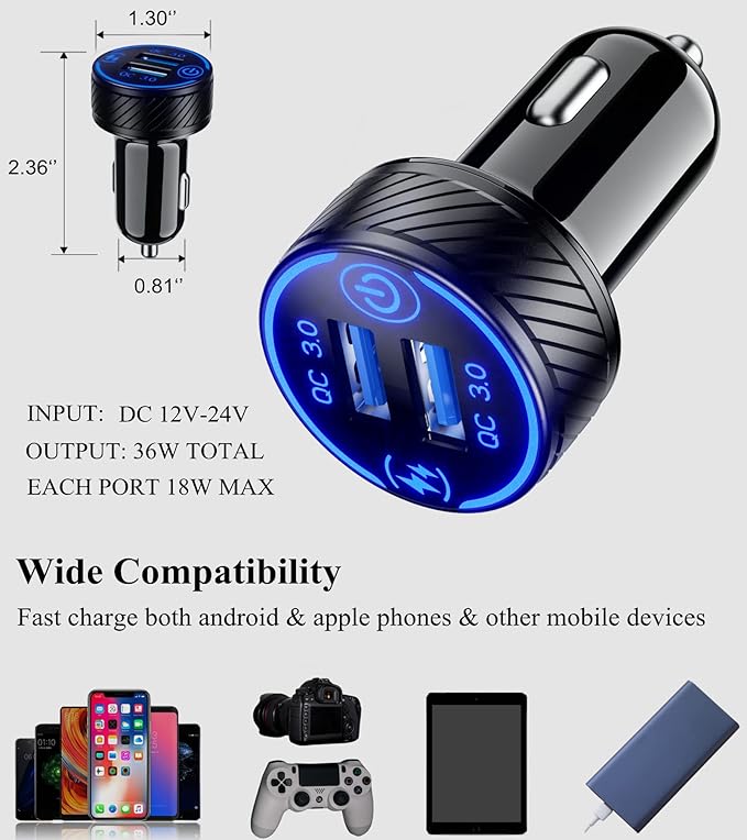 BRCOVAN Car Charger, Dual QC3.0 Port USB Car Phone Charger Adapter, 36W 3A Fast Charge with Touch Switch & Blue LED