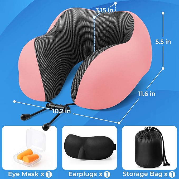 Travel Pillow, Travel Pillows for Sleeping Airplane, Neck Pillow Airplane, Memory Foam Neck Pillow Set with Eye Mask, Earplugs and Storage Bag -Pink