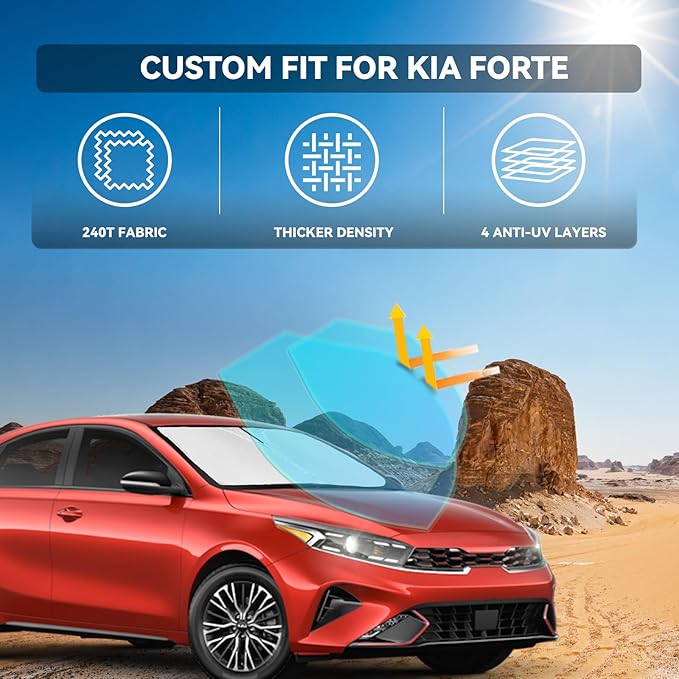 for Kia Forte 2019-2024 Windshield Sun Shade - 4 Layers Car Sunshades for Front Windows Shade Cover Custom Fit Forte Sun Visor 250T Retractable Shade Blocks UV Rays Car Accessories