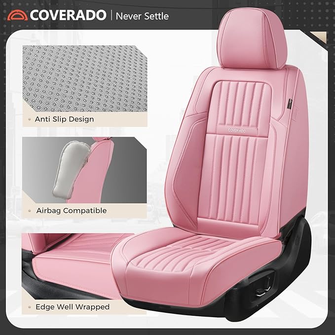 Coverado Car Seat Covers Front Seats, Seat Covers for Cars, Car Seat Protector, 2-Pack Car Seat Cushion Nappa Leather, Waterproof Seat Covers Carseat Cover Universal Fit for Most Cars Trucks(Pink)