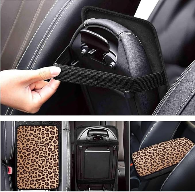 Leopard Print Car Steering Wheel Cover 6pcs Brown Cute Car Accessories Handbrake Cover Cup Coaster Suit for Most Cars Truck Vans SUV