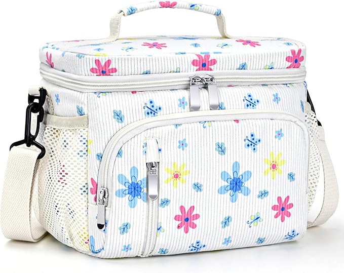 Insulated Lunch Bag for Men & Women, 9L Leakproof Lunch Box Soft Cooler Tote with 5 Pockets, 600D Oxford, EVA Lining, Adjustable Strap for Work, Picnic, Beach&Travel-Corduroy Colored Flowers