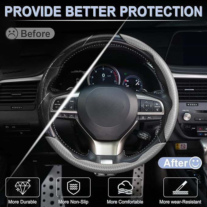 Amiss 3pcs Carbon Fiber Anti-Skid Steering Wheel Cover, Waterproof & Segmented Butterfly Design, Universal 99% Vehicle Wheel Cover Protector, Car Interior Accessories (Gray)