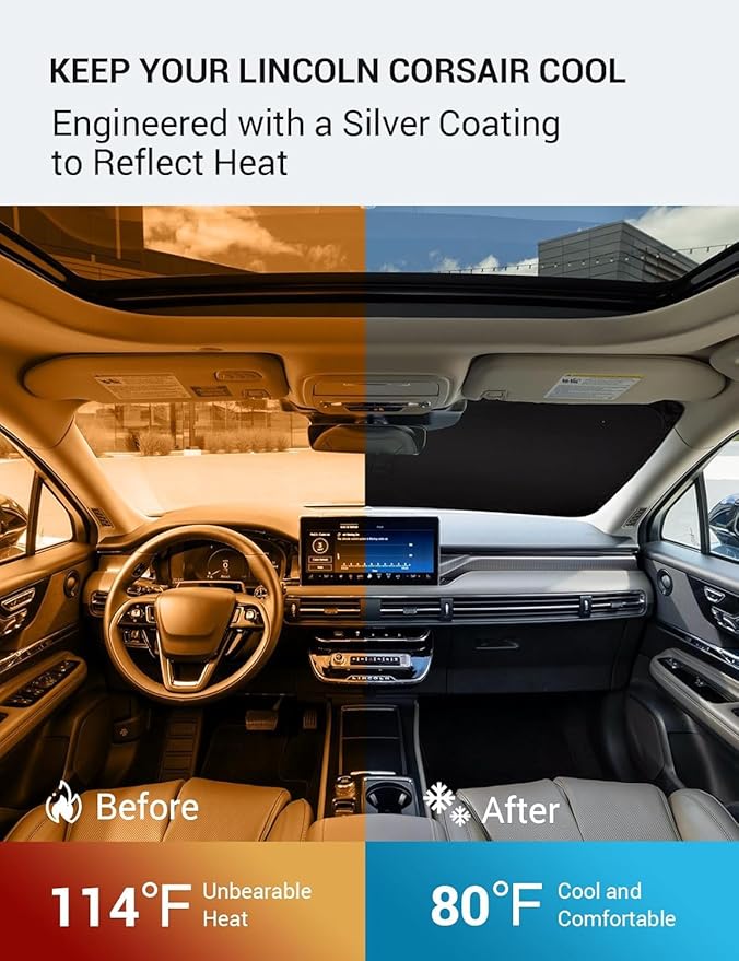 Proadsy Windshield Sun Shade for 2020–2025 2026 Lincoln Corsair Foldable Front Sunshade Protector Sun Visor Blocks UV Rays Keep Car Cooler