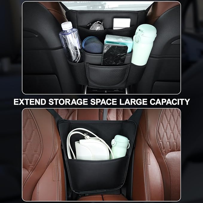 Car Purse Holder Between Front Seats PU Leather Bag Holder Above Armrest Box Child Barrier Front Seat Snack Organizer Bag Storage Auto Interior Accessories(Medium Size)