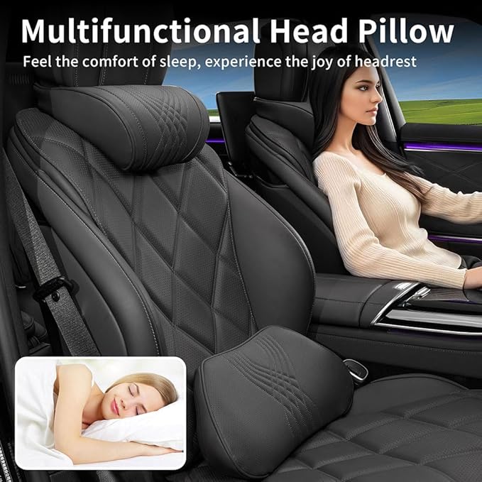 Lumbar Support Pillow for Car Seat, Office Chair Nappa Leather Memory Foam Lower Back Cushion for Back Pain Relief Improve Posture, Ergonomic Back Rest for Gaming Chair, Black, 1PC