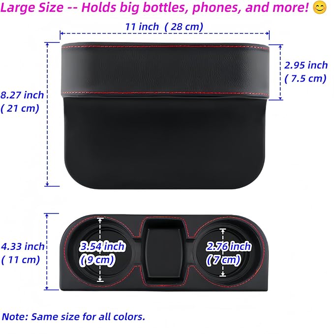 Car Cup Holder Expander & Seat Gap Filler - PU Leather Cover with Stitching, Multifunctional Front Seat Organizer, for Car Truck Van, Holds Large Cups and Phones,Prevent Dropping Items (1Pack, Black)