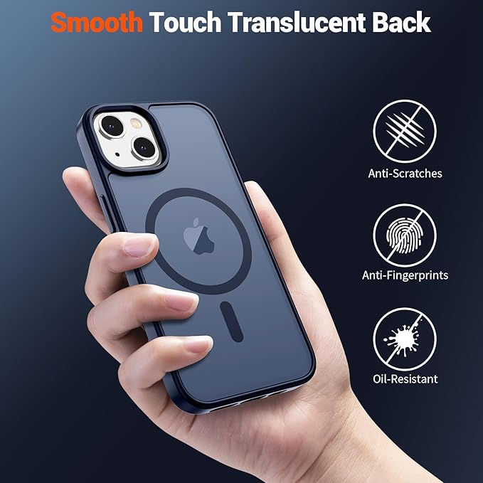 SUPFINE Magnetic for iPhone 15 Case with Screen Protector (Compatible with MagSafe) (Military Grade Drop Protection) Translucent Matte Shockproof Phone Cover,Dark Blue