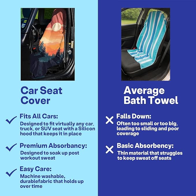 2 Pack Car Seat Towel Covers, Sweat Protector for Front Seats, Premium Thickened Microfiber with Great Smoky Mountains, Breathable & Quick Dry, Slip-on Headrest Pocket for Gym Running Universal Fit
