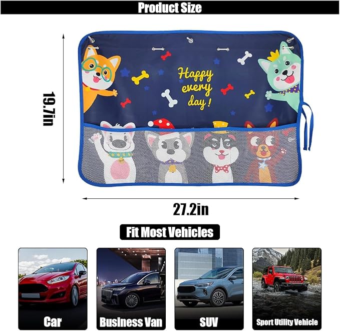 Car Window Shade for Baby, Blackout Car Window Curtain with Storage Pockets & 7 Suction Cups, Cartoon Pattern Cars Side Window Sun Shade Cover for Sun/Heat/UV Rays Protection (Blue-Cute Dogs)