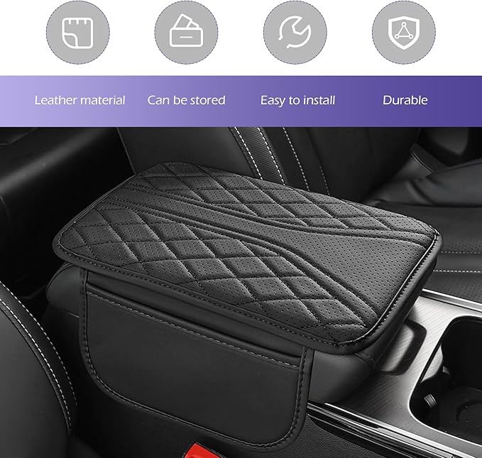Car Center Console Cover, Leather Center Armrest Cover with Storage Bags, Automotive Heightening Console Protection Pad, Universal for Cars, Trucks, SUVs (Black)