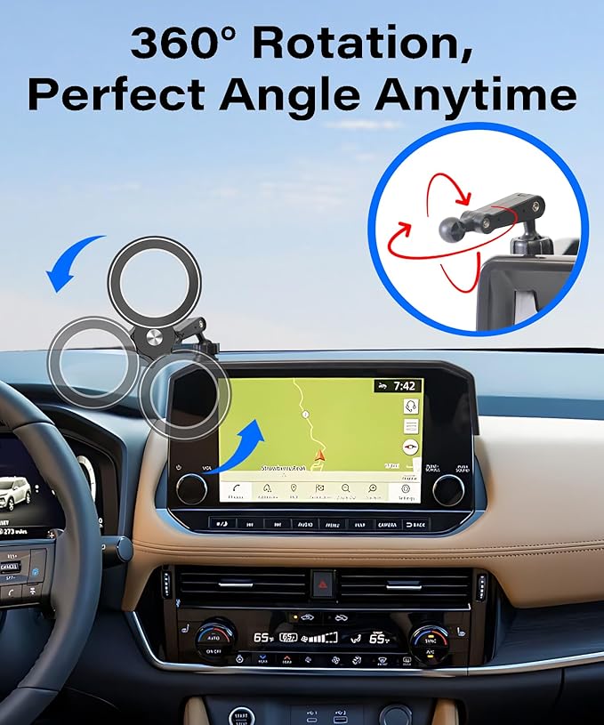 Car Phone Holder for Nissan Rogue 2021 2022 2023 Accessories Apply to 9 Inch Screen Fixed Clip Magnetic Cell Phone Mount Hands-Free 360 Degree Rotation with Dashboard Storage Tray