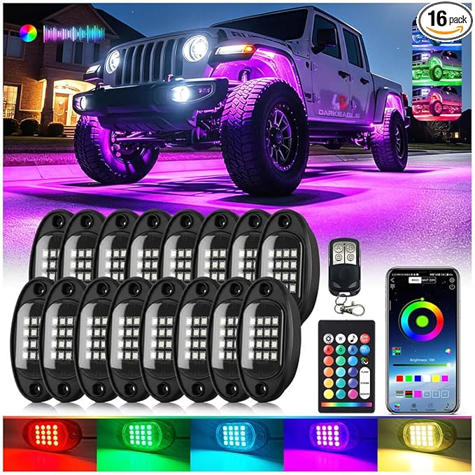 16Pods RGB LED Rock Lights Kit with APP/RF Remote Control, Segmented Multicolor Underglow Accent Light Exterior Music Mode Waterproof 12V for Trucks Pickup Jeep Gladiator Off-Road