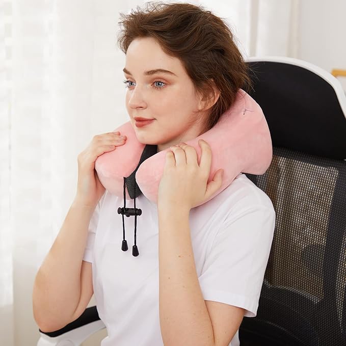 TALLGO Travel Pillow, Best Memory Foam Neck Pillow Head Support Soft Pillow for Sleeping Rest, Airplane Car & Home Use (Pink)