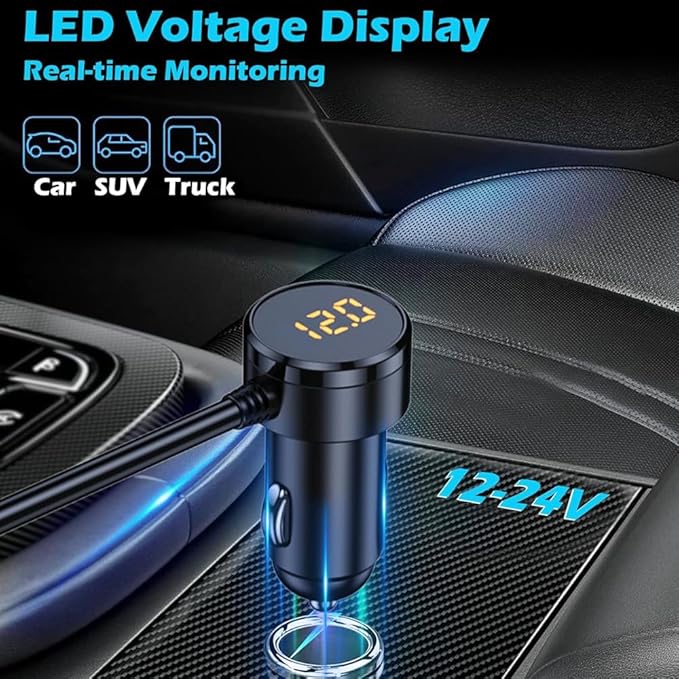 Cigarette Lighter Adapter with 3 Sockets, Car USB Charger Dual Port+QC 3.0+Type-C PD 30W, 12V/24V Cigarette Lighter Splitter with Independent Switches, LED Voltmeter, 66cm Cable
