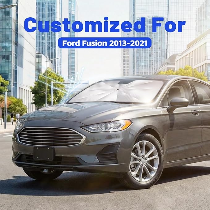 Car Windshield Sun Shade for Ford Fusion 2013-2021 –[Reflective Coated Fabric] Sunshade Umbrella for Front Window, Car Shades Sun Visor Keep Car Cool and Protects Interior, 1:1 Exact Fit