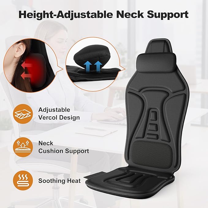 Massage Seat Cushion with Heat, Adjustable Neck Support, Breathable Lumbar Comfort, Gentle Vibration Back Massager for Office & Home Chair, Relaxation Gift