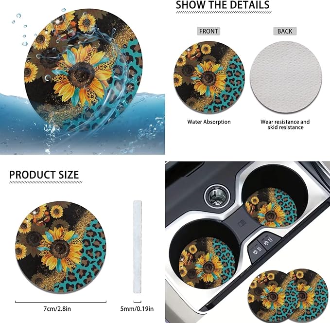 Sunflower Print Car Steering Wheel Cover Set for Men Women Leopard Print Auto Accessories 6 Pcs Sets Car Armrest Cover Handbrake Cover Suit for Most Cars Truck Vans SUV