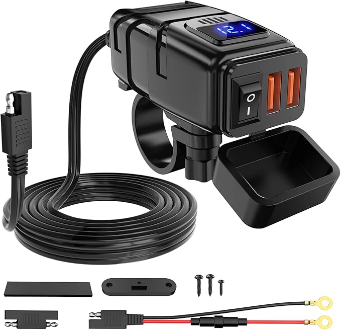 Nilight Motorcycle Charger with 12V Voltmeter Independent On Off Switch SAE USB Adapter Inline 10A Fuse Waterproof 6.8A Dual QC3.0 Fast Charging Phone Tablet for 7/8inch Handlebar ATV