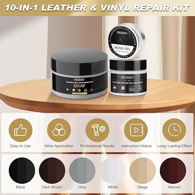 SEISSO Leather Repair Kit for Furniture, Gray Vinyl Repair Kit with Mink Oil Car Interior Leather Recoloring Balm for Scratches, Fading Shoes, Car Seat, Sofa
