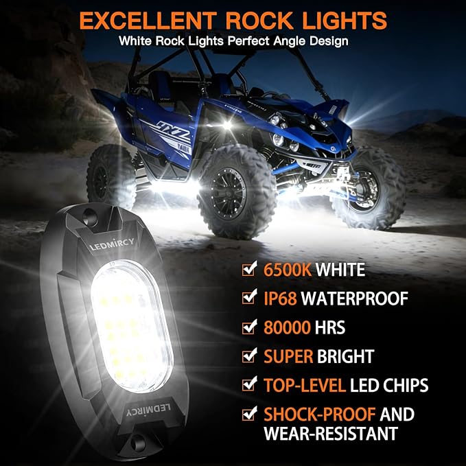 Rock Lights,LEDMIRCY R6 LED Pure White Rock Lights 20PCS with Rocker Switch Wire Harness Kit Super Brigh Luces para Carro for Trucks Off Road ATV SUV High Power Light Waterproof Shockproof