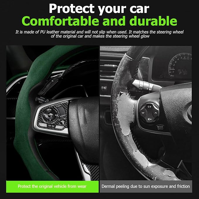 Mandark Car Steering Wheel Cover, Suede Sport Vehicle Steer Wheel Protector Fitting 15 Inch, Non-Slip Comfortable Automotive Interior Decoration Accessories, Universal for Most Cars (Black Green)