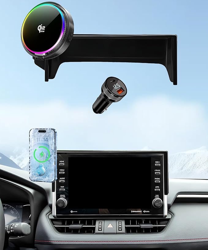 Qi2.2 25W Magnetic Car Mount Charger for Toyota RAV4 2022 Accessories, for Fast Charging Cell Phone Holder 9 Inch Screen Fixed Clip with Cooling Fan＆54W Fast Adapter