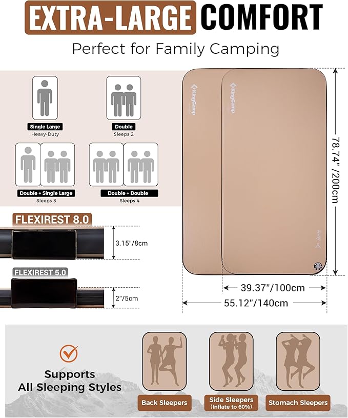 KingCamp FLEXIREST 8.0 Inflatable Sleeping Pad for Camping, High-Support Drop Stitch Camping Mattress with 1100lbs Capacity, PVC-Free Camping Mat for Tent Car Glamping Outdoor Travel, 79 * 55 * 3.15