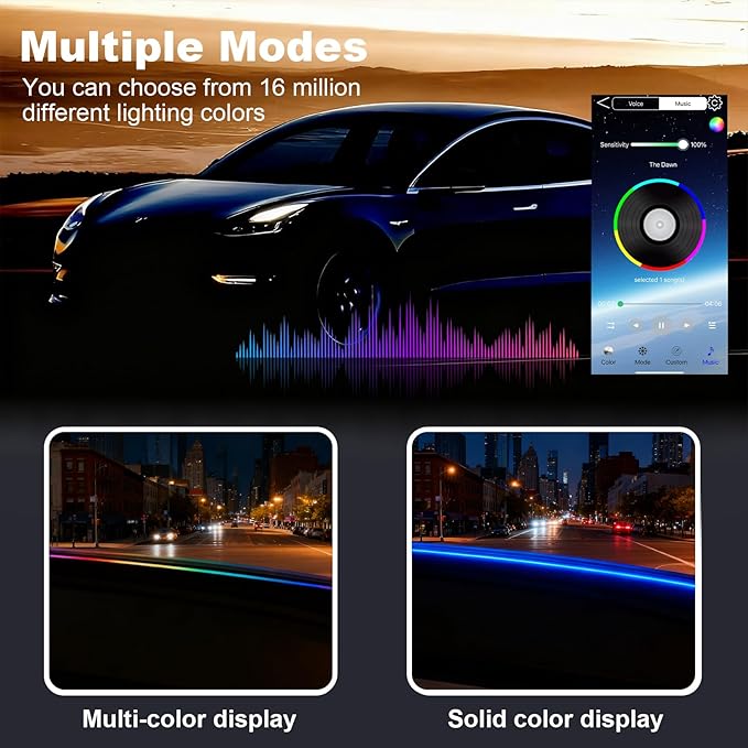 59" RGB LED Strip Lights for Car Interior,16M Colors RGB Front Windshield Ambient Lighting Kits, Music Sync, Easy Plug & Play Installation, Cuttable, Wide Compatibility