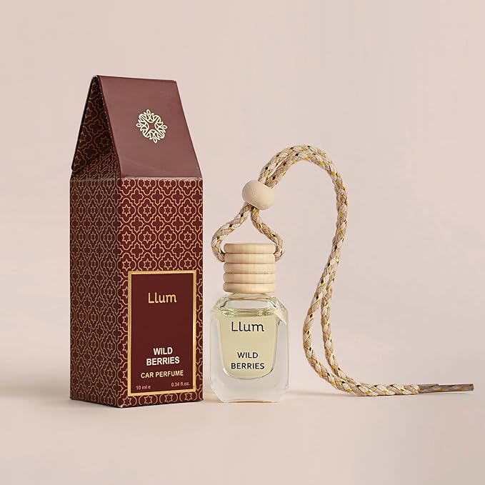 Llum Wild Berries Hanging Car Air Freshener – Luxury Automotive Perfume Diffuser 10ml (0.34 fl oz), Long-Lasting Fragrance, Alcohol-Free Non-Toxic Scent, Glass Bottle With Wood Cap & AC Vent Clip