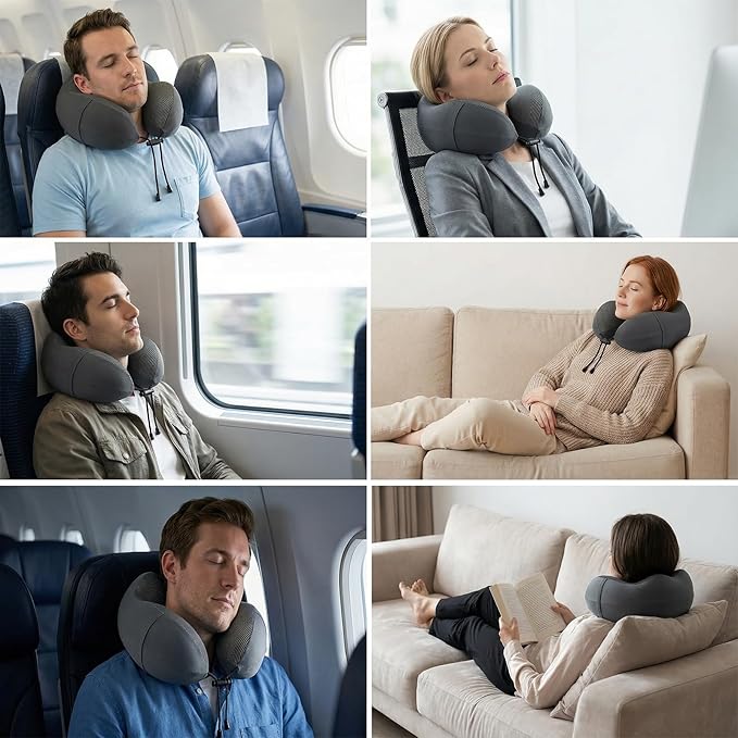 Travel Neck Pillow for Airplanes,100% Memory Foam Neck Support Pillow,Ergonomic U-Shaped 360° Neck Support,Portable with Storage Box,for Flight,Car,Train,Office & Home (Dark Gray)