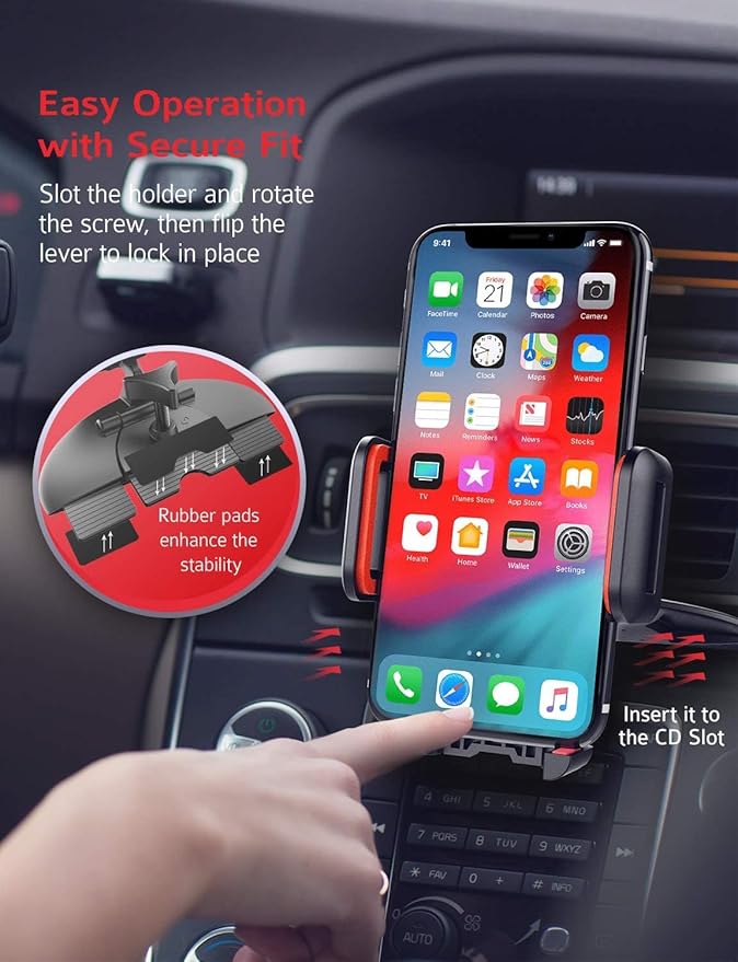 Cell Phone Holder for Car, CD Slot Mount, One-Handed Operation, Compatible with iPhone14 13 12 Mini 11 Pro XR XS MAX Galaxy S20 S20+ S10 Red