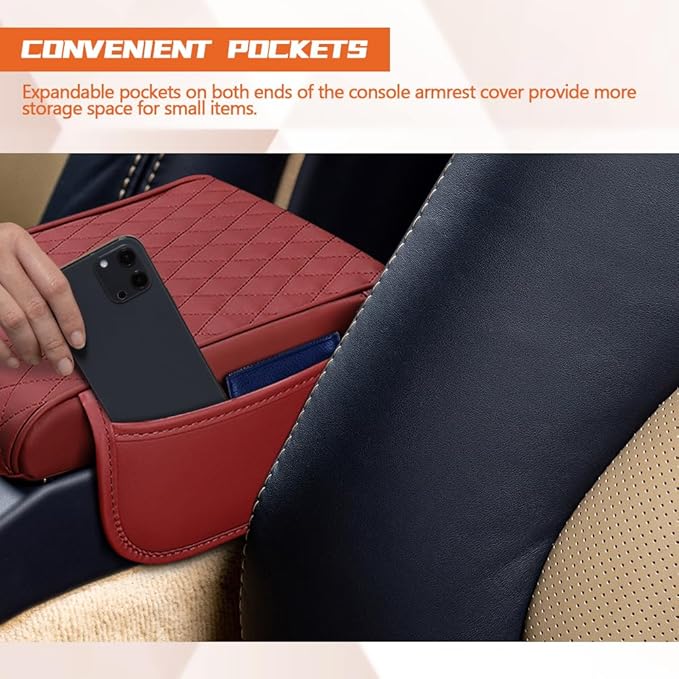 Car Center Console Cover, Napa Leather Car Armrest Cushion with Side Pockets, Memory Foam Auto Armrest Seat Box Mat, Universal Interior Armrest Protective Cover Accessories for Most Vehicle
