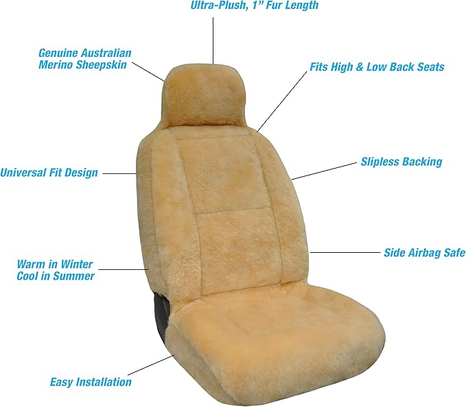 Eurow Australian Merino Sheepskin Car Seat Cover, Plush Universal Fit for Most Vehicles, Summer Cool & Winter Warm, Side Airbag Safe, Easy Installation, 56 x 23 Inches, Single Seat, Beige