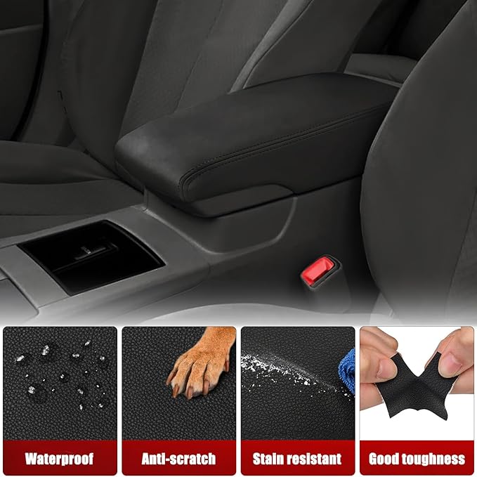 KBH Center Console Cover Replacement for Toyota Camry 2007 2008 2009 2010 2011, Vinyl Leather, Car Armrest Upholstery, Anti-Scratch, Black (Leather Part Only)
