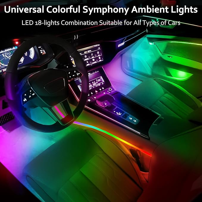 HMYC Acrylic Interior Car LED Strip Light with APP, 18-in-1 128 Colorful 6 Pieces Fiber Optic Car Decoration Atmosphere Light Kits, Dual Zone Music Sync Rhythm RGB Neon Lighting for All Cars