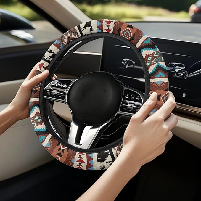 SEANATIVE Aztec Horse Yak Vehicle Steering Wheel Cover Universe Space Universal Stretch Wrap Covers Auto Accessiores 15 inch fit Most Car Van Truck Sedan
