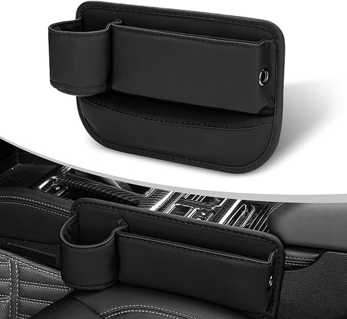 Pack-1 Car Organizers Storage Box, Car Seat Gap Filler with Cup Holder, Leather Center Console Side Storage Box, Universal for Most Cars, Trucks, Vans (Black), YUMCWH2408BL-1PC