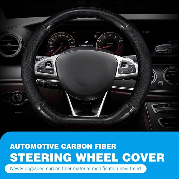 D-shaped Steering Wheel Cover, Carbon Fiber Pattern Anti-slip Wear-resistant Sweat-absorbent Microfiber Leather Steering Wheel Protector, Four Seasons Universal Accessory (Black)
