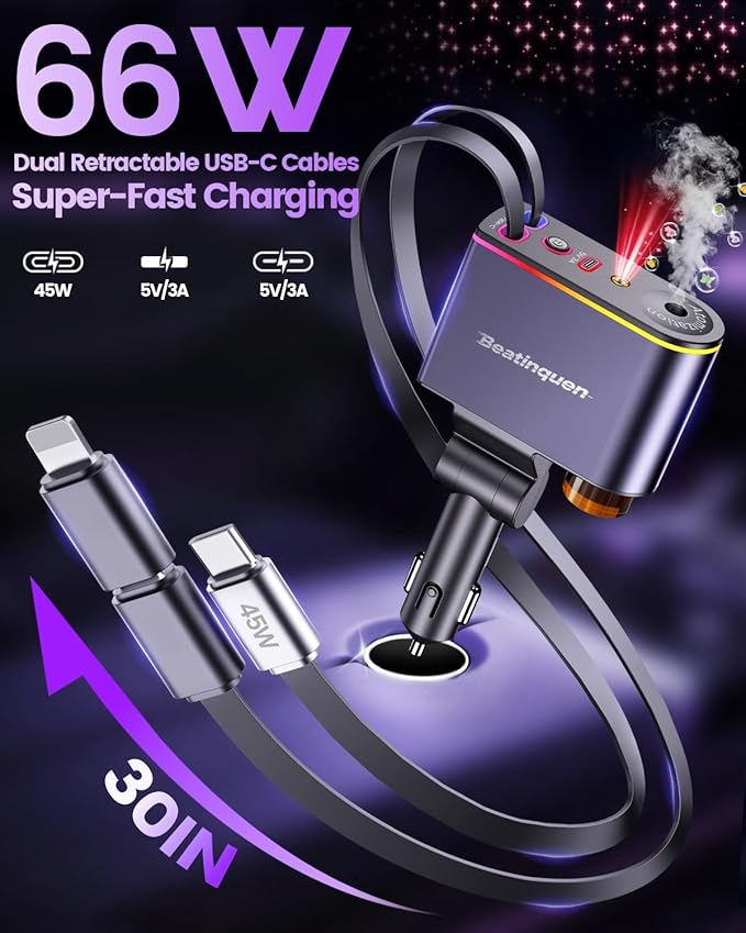 【2026 Upgrade】 5 in 1 Retractable Car Charger USB C - Fast Charging Retractable Car Phone Charger with Car Air Freshener Diffuser - 66W Cigarette Lighter Adapter USB-C/Type-C for iPhone17/16/15/14