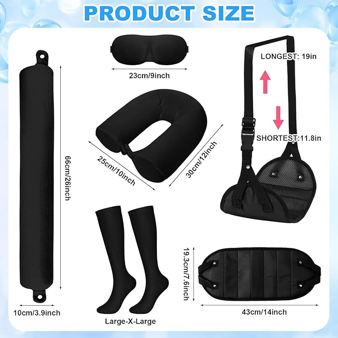 BreezeHug 4 Pcs Travel Comfort Kit with Memory Foam Travel Pillow Airplane Footrest Hammock 3D Contoured Eye Mask Compression Socks Neck Pillow for Car Flight Sleeping Support (Black)