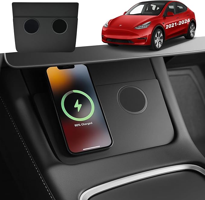 TWRAPS Dual Wireless 2 x 25W Phone Charger for Tesla Model Y 2021-2024 & Model 3 2021-2023 (2nd Gen) Compatible with MagSafe iPhone 17 16 15 14, Magnetic Mount Charging Pad, Center Console Accessories