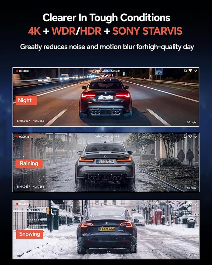 Coolcrazy 4K Dash Cam Front and Rear, STARVIS Sensor, Free 128GB Card Included, 5GHz WiFi-up to 20MB/s, Dual Dash Camera for Cars, Built-in GPS, G-Sensor, WDR/HDR Super Night Vision, 24H Parking Mode