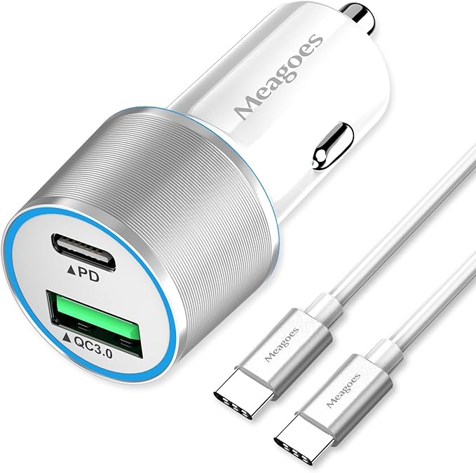 67.5W White Car Charger USB C Super Fast Charging, 45W USBC&QC3.0 Port Plug for iPhone 17 Pro Max/Air/16/15/iPad, Samsung S26 Android Cell Phone, Dual 12V Cigarette Lighter Adapter+3 ft Type C Cable
