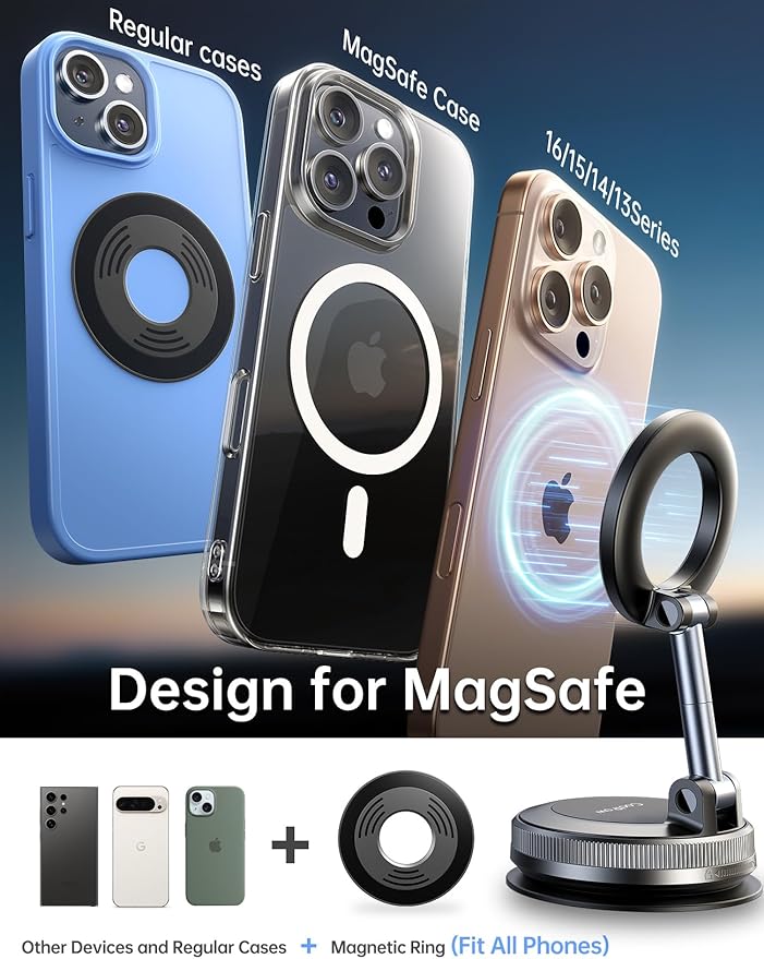 Coolpow【Newest Vacuum Magnetic Phone Holder for Car Phone Holder Mount【Movable Vacuum Suction】 Magsafe Car Mount Cell Phone Holders for Your Car Accessories for Women Men for iPhone 17 16 15 14 Kits