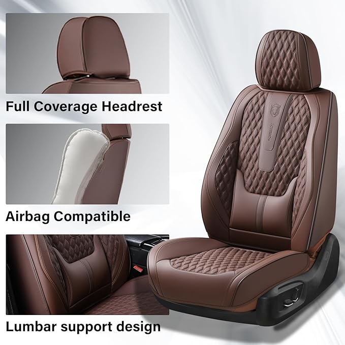 Coverado Front Seat Covers, Car Seat Covers Front Seats, Nappa Leather Seat Covers for Cars, Waterproof Seat Covers with Lumbar Support Universal Fit for Most Cars SUV Trucks (Front, Coffee)